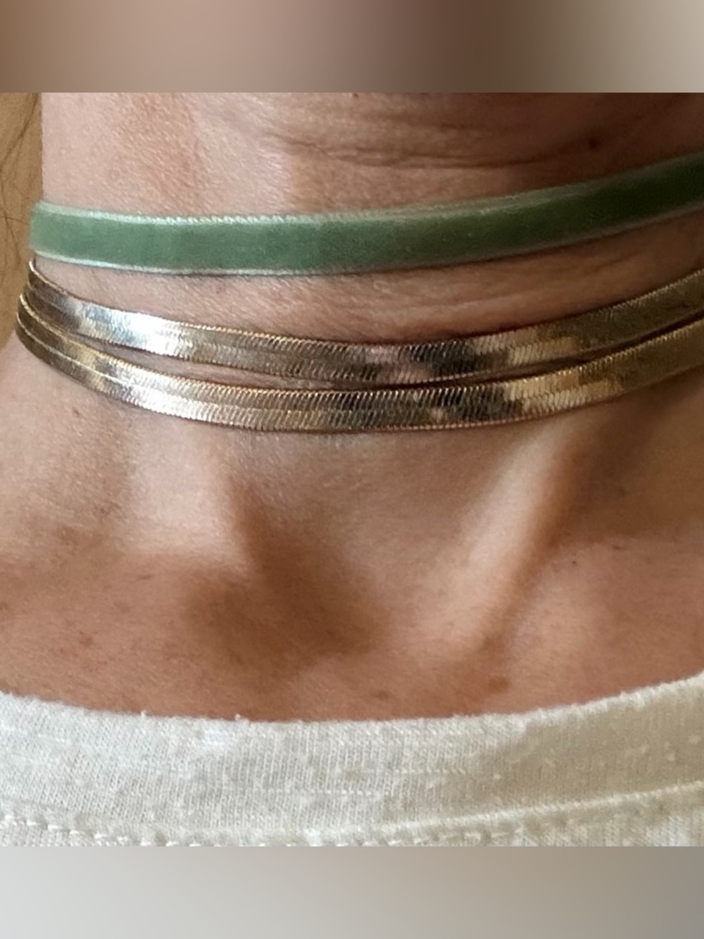Green Velvet and Gold Double Choker Necklace